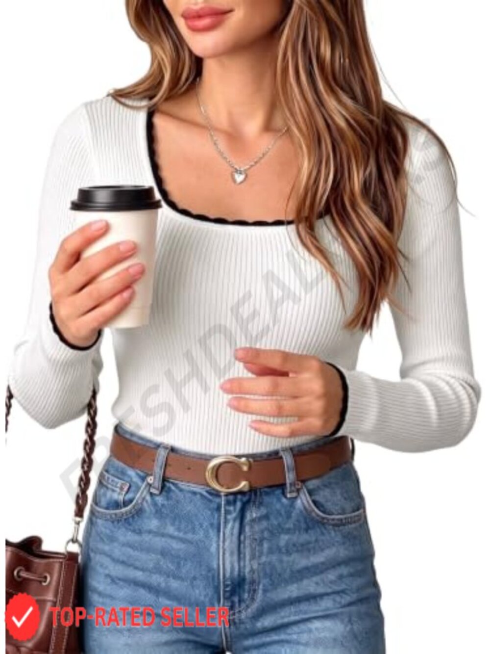 Pink Queen Women's Fitted Ribbed Knit U-Neck Long Sleeve Pullover Sweater